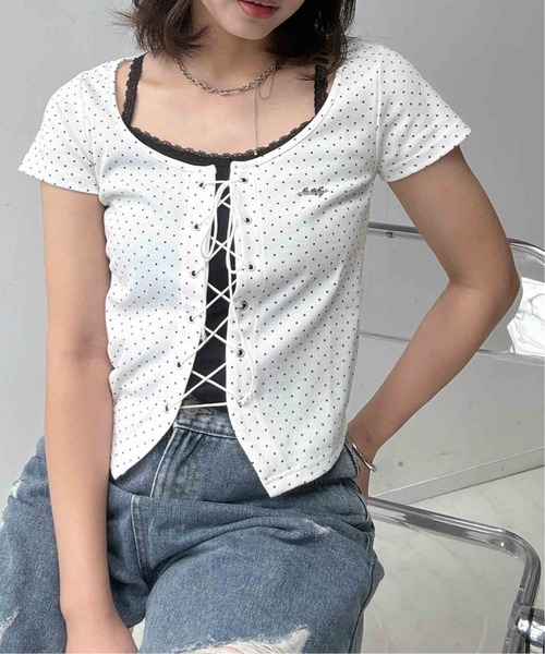 AS KNOW AS plus(アズノゥアズプラス)の「〇レースアップデザイン ドッキング レイヤード風半袖プルオーバー(Tシャツ/カットソー・レディース・ブラック/アイボリー系/杢グレー/サックスブルー系・FREE)」の20枚目の写真