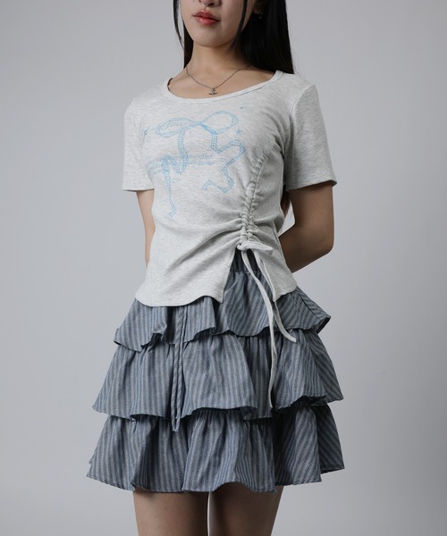 HOOK(フック)の「HOOK for girls リボングラフィック × サイドギャザー コンパクトストリートT (SS)(Tシャツ/カットソー・レディース・グレー/ブラック/ホワイト/ブルー・FREE)」の19枚目の写真