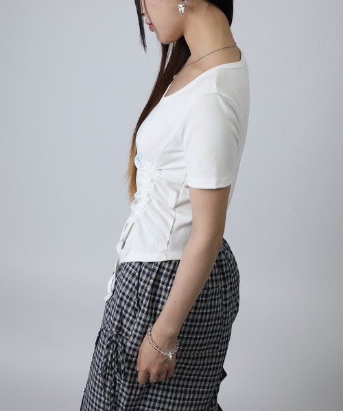 HOOK(フック)の「HOOK for girls リボングラフィック × サイドギャザー コンパクトストリートT (SS)(Tシャツ/カットソー・レディース・グレー/ブラック/ホワイト/ブルー・FREE)」の14枚目の写真