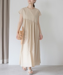 アシンメトリー切替フレンチスリーブギャザーワンピース