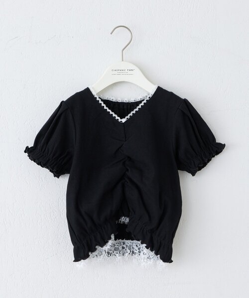 CIAOPANIC TYPY(チャオパニックティピー)の「【KIDS】レースドッキングフロントギャザーリブコンパクトTEE《ZOZO限定カラーあり》(Tシャツ/カットソー・キッズ・アイボリー/ブラック/サックスブルー・110/130/150)」の1枚目の写真