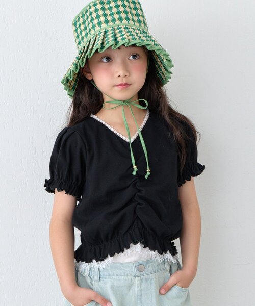 CIAOPANIC TYPY(チャオパニックティピー)の「【KIDS】レースドッキングフロントギャザーリブコンパクトTEE《ZOZO限定カラーあり》(Tシャツ/カットソー・キッズ・アイボリー/ブラック/サックスブルー・110/130/150)」の7枚目の写真