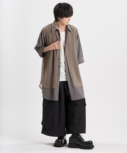 NO ID.（ノーアイディ）の「mhs2663-ﾊｰﾌｽﾘｰﾌﾞｼｱｰﾚｲﾔｰﾄﾞﾛﾝｸﾞSH シャツ(458006-507S)（シャツ/ブラウス・メンズ・ホワイト/ブラック/グレー・ONE SIZE）」の8枚目の写真