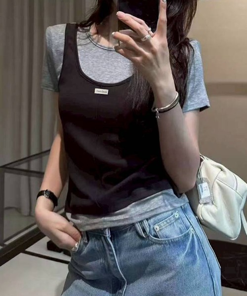 SpRay(スプレイ)の「フェイクレイヤードTシャツ(Tシャツ/カットソー・レディース・ブラック/ベージュ/グレー/サックスブルー・FREE)」の1枚目の写真