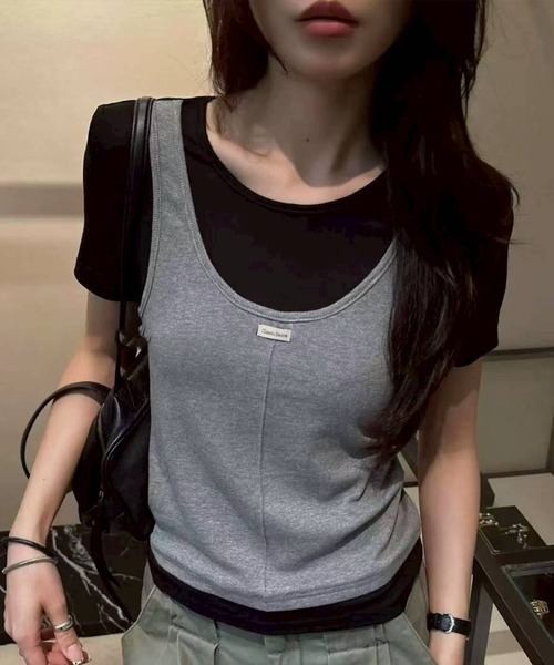 SpRay(スプレイ)の「フェイクレイヤードTシャツ(Tシャツ/カットソー・レディース・ブラック/ベージュ/グレー/サックスブルー・FREE)」の9枚目の写真