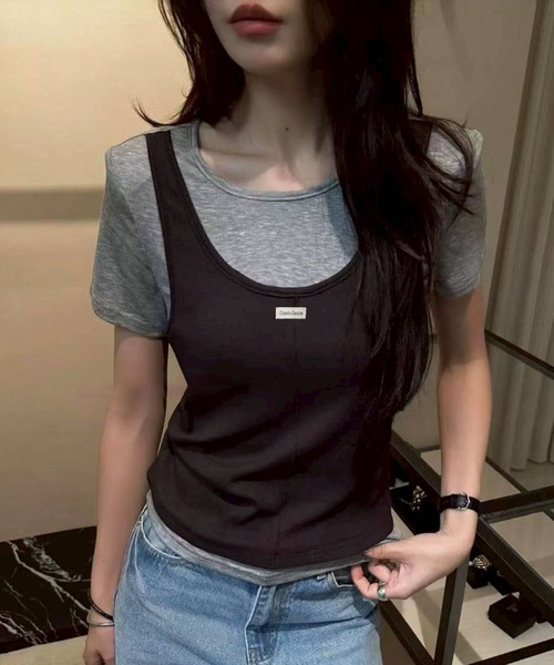 SpRay(スプレイ)の「フェイクレイヤードTシャツ(Tシャツ/カットソー・レディース・ブラック/ベージュ/グレー/サックスブルー・FREE)」の5枚目の写真