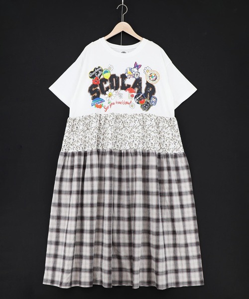 ScoLar(スカラー)の「162695:ポップロゴ×チェック×花柄 異素材切替ワンピース(ワンピース・レディース・オフホワイト/ブラック・M)」の8枚目の写真