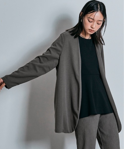 W:Huku(フーク)の「ノーカラー オバーシルエット ジャケット(ノーカラージャケット・レディース・チャコール/ライトグレー・FREE)」の2枚目の写真