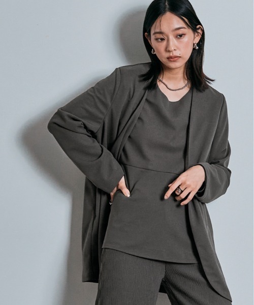 W:Huku(フーク)の「ノーカラー オバーシルエット ジャケット(ノーカラージャケット・レディース・チャコール/ライトグレー・FREE)」の4枚目の写真
