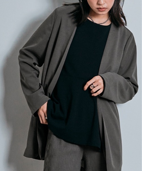 W:Huku(フーク)の「ノーカラー オバーシルエット ジャケット(ノーカラージャケット・レディース・チャコール/ライトグレー・FREE)」の13枚目の写真