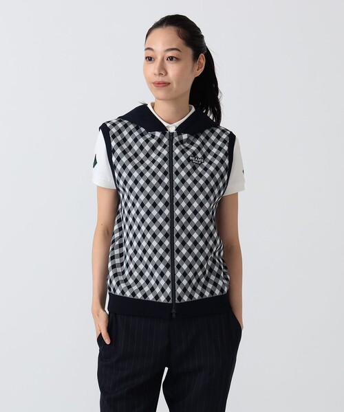 BEAMS GOLF(ビームスゴルフ)の「PURPLE LABEL / バイヤスチェック フーディ ベスト(ニット/セーター・レディース・ネイビー・LARGE)」の1枚目の写真
