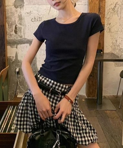 Mejoul（メジュール）の「【2026春夏新作】バックオープン ギンガムチェックリボン半袖Tシャツ（Tシャツ/カットソー・レディース・ネイビー・F）」の9枚目の写真