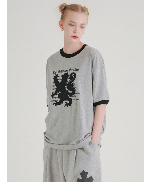 FABULOUS ARCHIVE(ファビュラスアーカイブ)の「ドラゴンパッチリンガー半袖Tシャツメランジェグレーブラック(FCG2TS812M)(Tシャツ/カットソー・レディース・ライトグレー・MEDIUM/LARGE)」の2枚目の写真