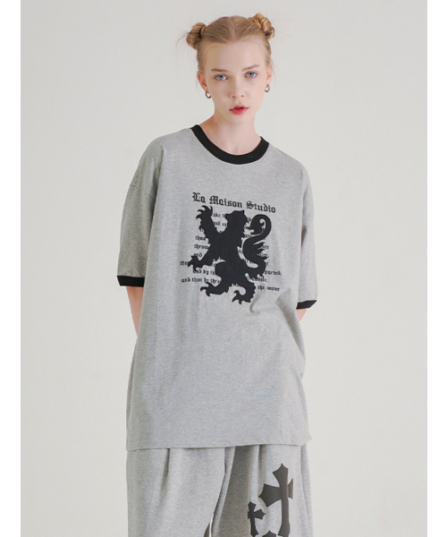 FABULOUS ARCHIVE(ファビュラスアーカイブ)の「ドラゴンパッチリンガー半袖Tシャツメランジェグレーブラック(FCG2TS812M)(Tシャツ/カットソー・レディース・ライトグレー・MEDIUM/LARGE)」の3枚目の写真