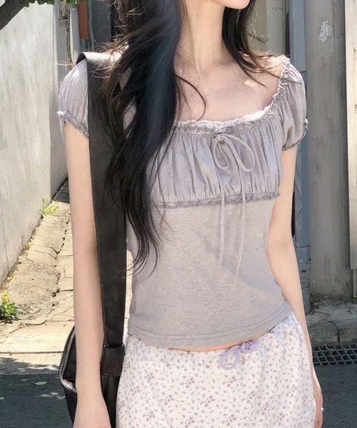 VIVID LADY(ビビッドレディー)の「リボン パフスリーブトップス 半袖(Tシャツ/カットソー・レディース・アイボリー/ライトブルー/グレー/チャコールグレー・FREE)」の3枚目の写真