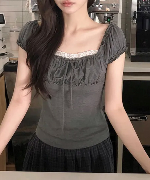 VIVID LADY(ビビッドレディー)の「リボン パフスリーブトップス 半袖(Tシャツ/カットソー・レディース・アイボリー/ライトブルー/グレー/チャコールグレー・FREE)」の1枚目の写真