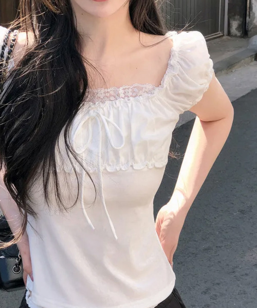 VIVID LADY(ビビッドレディー)の「リボン パフスリーブトップス 半袖(Tシャツ/カットソー・レディース・アイボリー/ライトブルー/グレー/チャコールグレー・FREE)」の2枚目の写真