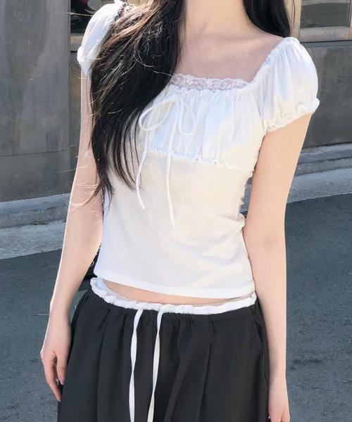 VIVID LADY(ビビッドレディー)の「リボン パフスリーブトップス 半袖(Tシャツ/カットソー・レディース・アイボリー/ライトブルー/グレー/チャコールグレー・FREE)」の5枚目の写真