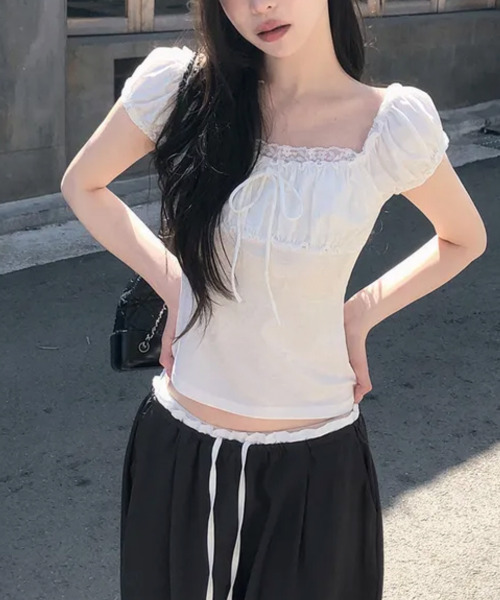 VIVID LADY(ビビッドレディー)の「リボン パフスリーブトップス 半袖(Tシャツ/カットソー・レディース・アイボリー/ライトブルー/グレー/チャコールグレー・FREE)」の6枚目の写真