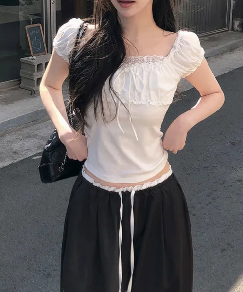 VIVID LADY(ビビッドレディー)の「リボン パフスリーブトップス 半袖(Tシャツ/カットソー・レディース・アイボリー/ライトブルー/グレー/チャコールグレー・FREE)」の7枚目の写真