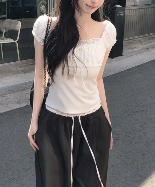 VIVID LADY(ビビッドレディー)の「リボン パフスリーブトップス 半袖(Tシャツ/カットソー・レディース・アイボリー/ライトブルー/グレー/チャコールグレー・FREE)」の8枚目の写真