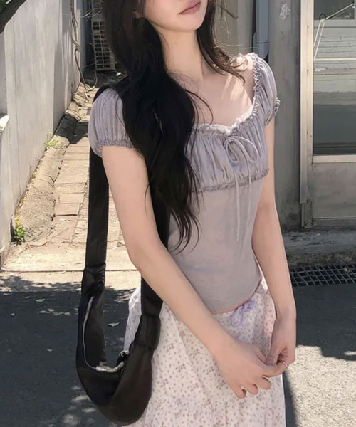 VIVID LADY(ビビッドレディー)の「リボン パフスリーブトップス 半袖(Tシャツ/カットソー・レディース・アイボリー/ライトブルー/グレー/チャコールグレー・FREE)」の15枚目の写真