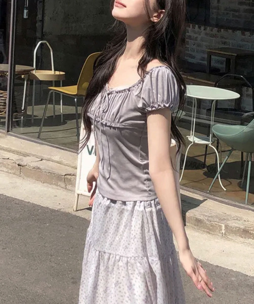 VIVID LADY(ビビッドレディー)の「リボン パフスリーブトップス 半袖(Tシャツ/カットソー・レディース・アイボリー/ライトブルー/グレー/チャコールグレー・FREE)」の16枚目の写真