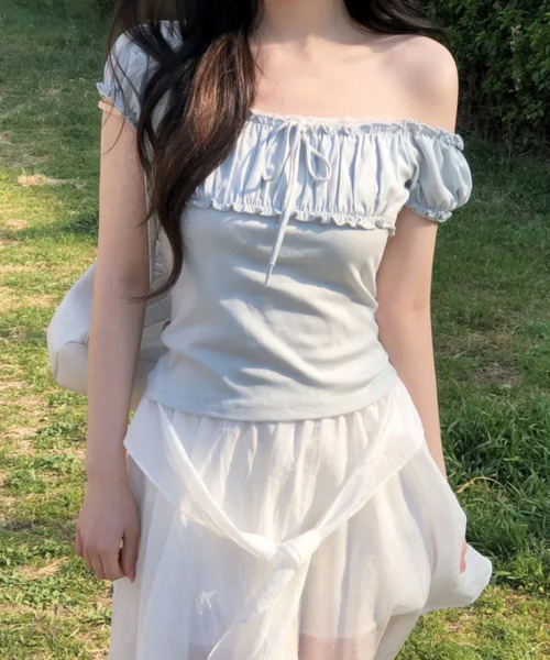 VIVID LADY(ビビッドレディー)の「リボン パフスリーブトップス 半袖(Tシャツ/カットソー・レディース・アイボリー/ライトブルー/グレー/チャコールグレー・FREE)」の18枚目の写真