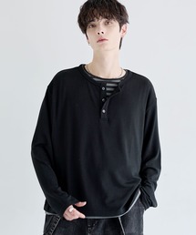 LILL | フェイクレイヤードルーズシルエットボーダーヘンリーネックロングカットソー(Tシャツ/カットソー)