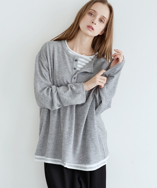 LILL(リル)の「フェイクレイヤードルーズシルエットボーダーヘンリーネックロングカットソー(Tシャツ/カットソー・メンズ・ブラック系1/グレー系1・XL/S/L/M)」の2枚目の写真