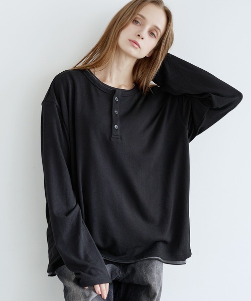 LILL(リル)の「フェイクレイヤードルーズシルエットボーダーヘンリーネックロングカットソー(Tシャツ/カットソー・メンズ・ブラック系1/グレー系1・XL/S/L/M)」の12枚目の写真