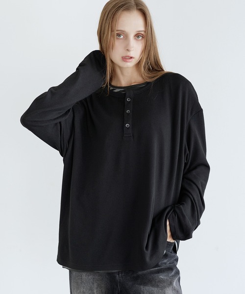 LILL(リル)の「フェイクレイヤードルーズシルエットボーダーヘンリーネックロングカットソー(Tシャツ/カットソー・メンズ・ブラック系1/グレー系1・XL/S/L/M)」の13枚目の写真