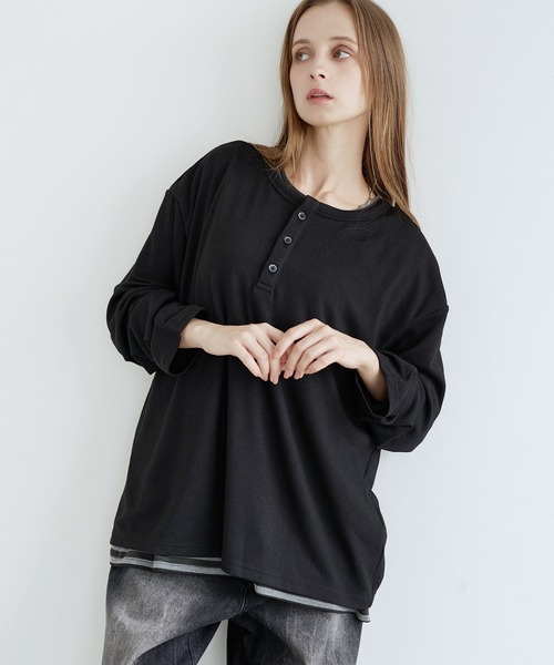 LILL(リル)の「フェイクレイヤードルーズシルエットボーダーヘンリーネックロングカットソー(Tシャツ/カットソー・メンズ・ブラック系1/グレー系1・XL/S/L/M)」の14枚目の写真