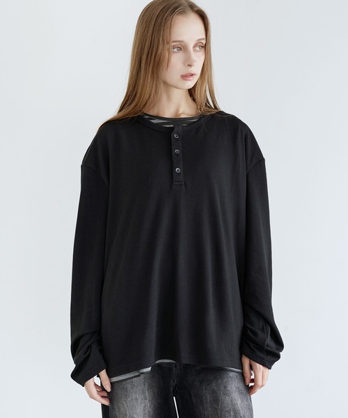 LILL(リル)の「フェイクレイヤードルーズシルエットボーダーヘンリーネックロングカットソー(Tシャツ/カットソー・メンズ・ブラック系1/グレー系1・XL/S/L/M)」の16枚目の写真