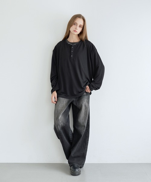 LILL(リル)の「フェイクレイヤードルーズシルエットボーダーヘンリーネックロングカットソー(Tシャツ/カットソー・メンズ・ブラック系1/グレー系1・XL/S/L/M)」の18枚目の写真