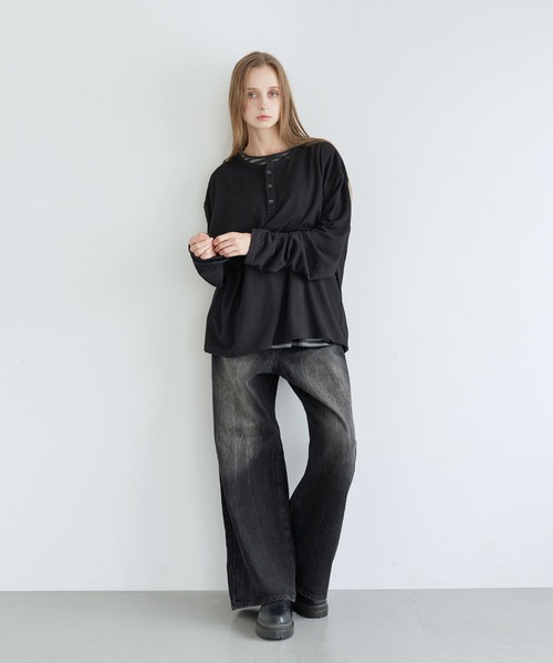 LILL(リル)の「フェイクレイヤードルーズシルエットボーダーヘンリーネックロングカットソー(Tシャツ/カットソー・メンズ・ブラック系1/グレー系1・XL/S/L/M)」の19枚目の写真