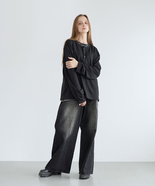 LILL(リル)の「フェイクレイヤードルーズシルエットボーダーヘンリーネックロングカットソー(Tシャツ/カットソー・メンズ・ブラック系1/グレー系1・XL/S/L/M)」の20枚目の写真