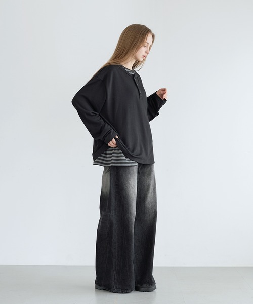 LILL(リル)の「フェイクレイヤードルーズシルエットボーダーヘンリーネックロングカットソー(Tシャツ/カットソー・メンズ・ブラック系1/グレー系1・XL/S/L/M)」の21枚目の写真