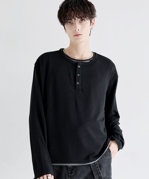 LILL(リル)の「フェイクレイヤードルーズシルエットボーダーヘンリーネックロングカットソー(Tシャツ/カットソー・メンズ・ブラック系1/グレー系1・XL/S/L/M)」の4枚目の写真