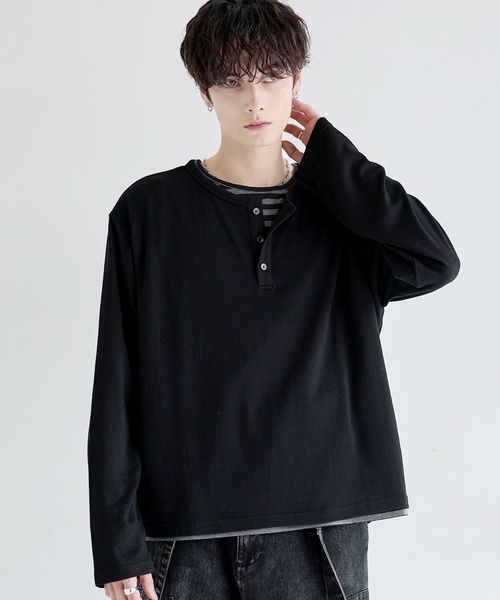 LILL(リル)の「フェイクレイヤードルーズシルエットボーダーヘンリーネックロングカットソー(Tシャツ/カットソー・メンズ・ブラック系1/グレー系1・XL/S/L/M)」の7枚目の写真