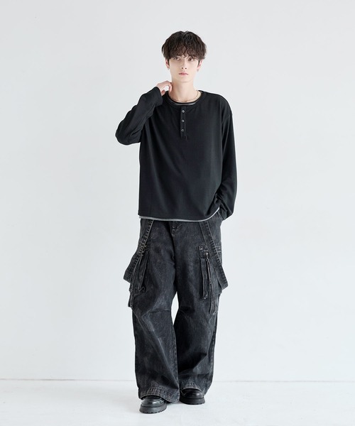 LILL(リル)の「フェイクレイヤードルーズシルエットボーダーヘンリーネックロングカットソー(Tシャツ/カットソー・メンズ・ブラック系1/グレー系1・XL/S/L/M)」の8枚目の写真
