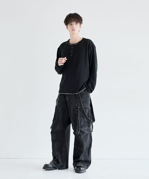 LILL(リル)の「フェイクレイヤードルーズシルエットボーダーヘンリーネックロングカットソー(Tシャツ/カットソー・メンズ・ブラック系1/グレー系1・XL/S/L/M)」の9枚目の写真
