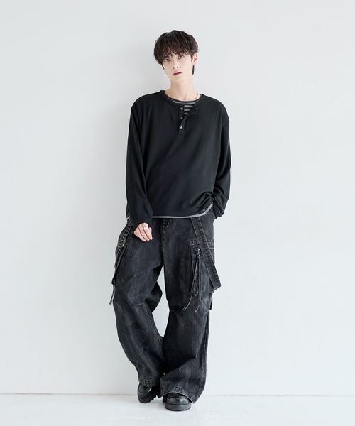LILL(リル)の「フェイクレイヤードルーズシルエットボーダーヘンリーネックロングカットソー(Tシャツ/カットソー・メンズ・ブラック系1/グレー系1・XL/S/L/M)」の10枚目の写真