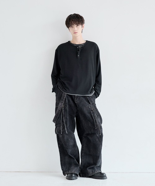 LILL(リル)の「フェイクレイヤードルーズシルエットボーダーヘンリーネックロングカットソー(Tシャツ/カットソー・メンズ・ブラック系1/グレー系1・XL/S/L/M)」の11枚目の写真