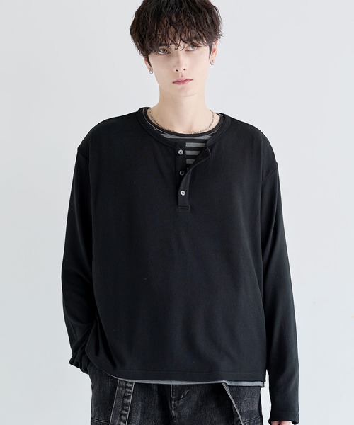 LILL(リル)の「フェイクレイヤードルーズシルエットボーダーヘンリーネックロングカットソー(Tシャツ/カットソー・メンズ・ブラック系1/グレー系1・XL/S/L/M)」の6枚目の写真