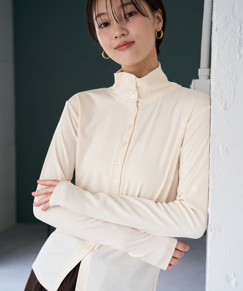 セール】限定展開 2WAY 襟 ハイネック ボタン ロングスリーブ トップス