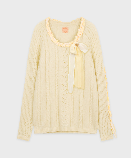 SINOON（シヌーン）の「Lace-Up Ribbon Knit (Cream)（ニット/セーター・レディース・Cream・FREE）」の4枚目の写真