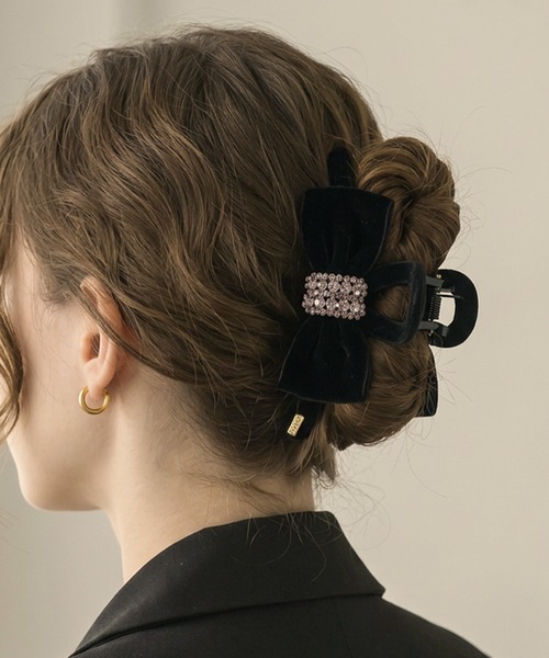 ジルコニアビジューベロアリボンヘアクリップ（バレッタ/ヘアクリップ