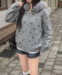 ドット柄ニットジップブルゾン ファーパーカー