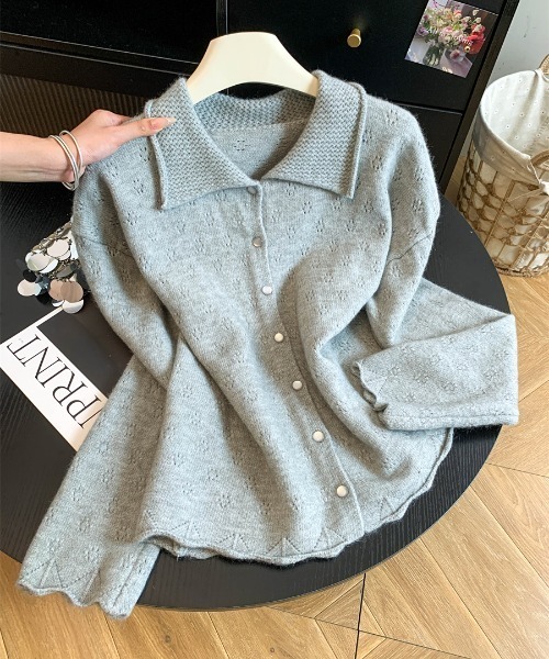 AMAJI(アマジ)の「ビッグカラー クロシェ編み ニットカーディガン(カーディガン/ボレロ・レディース・グレー/ライトピンク/イエロー/ホワイト・FREE)」の2枚目の写真